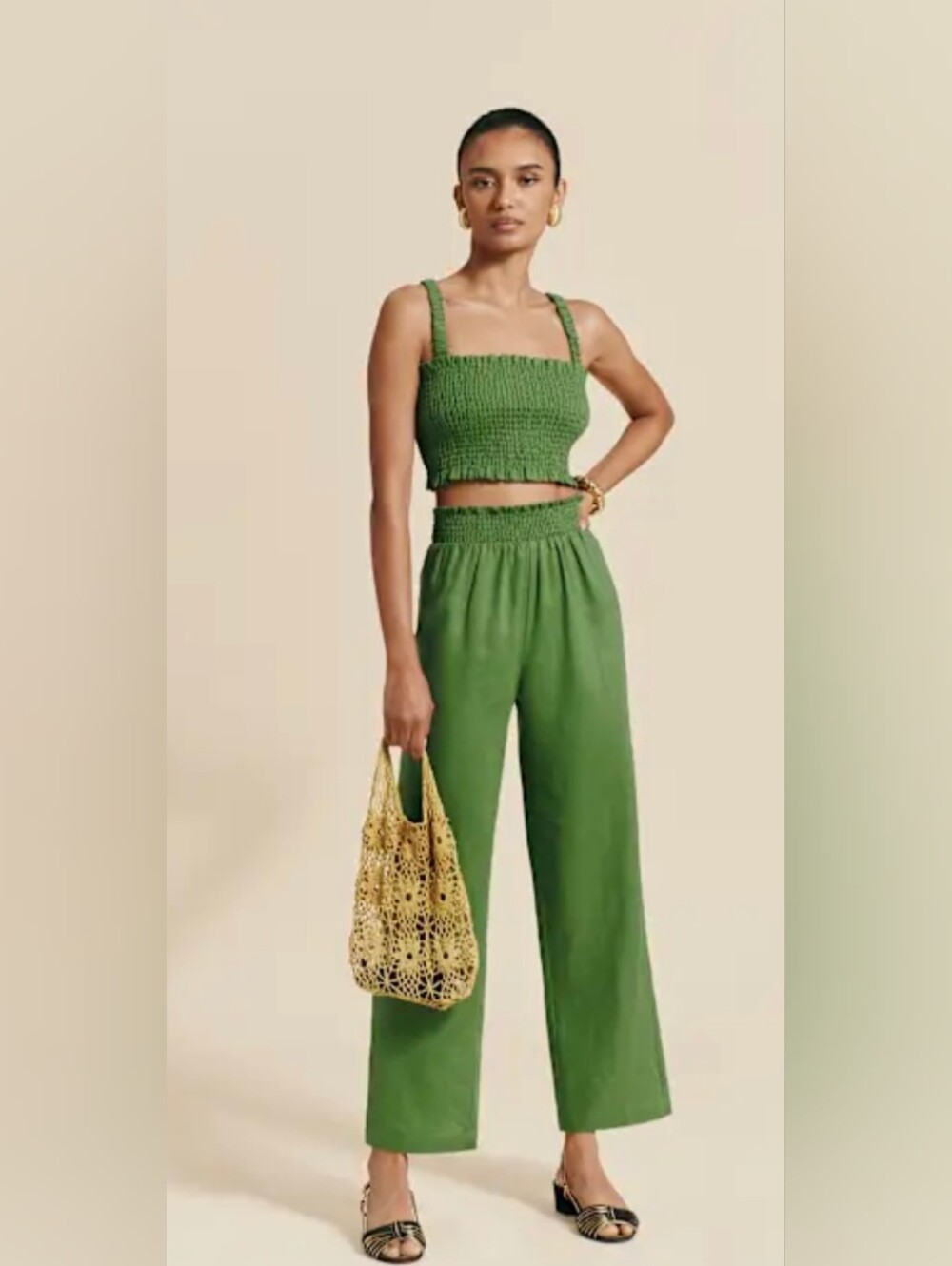 Reformation Green Linen Smocked Crop Top